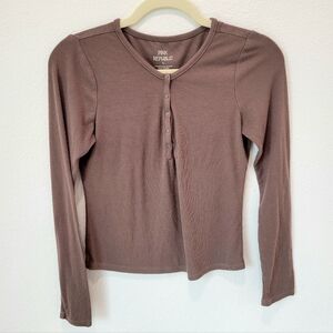 Pink Republic Brown Ribbed Fitted Henley Long Sleeve Shirt Women’s S